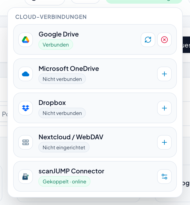 Cloud-Verbindungen oben in der Kopfleiste: welche Ablage verbunden ist und welche nicht.
