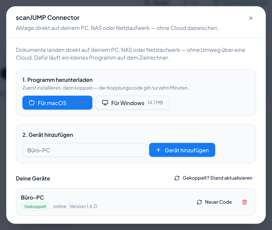 Das Fenster „scanJUMP Connector“: Programm herunterladen, Gerät hinzufügen, gekoppelte Geräte mit Status.