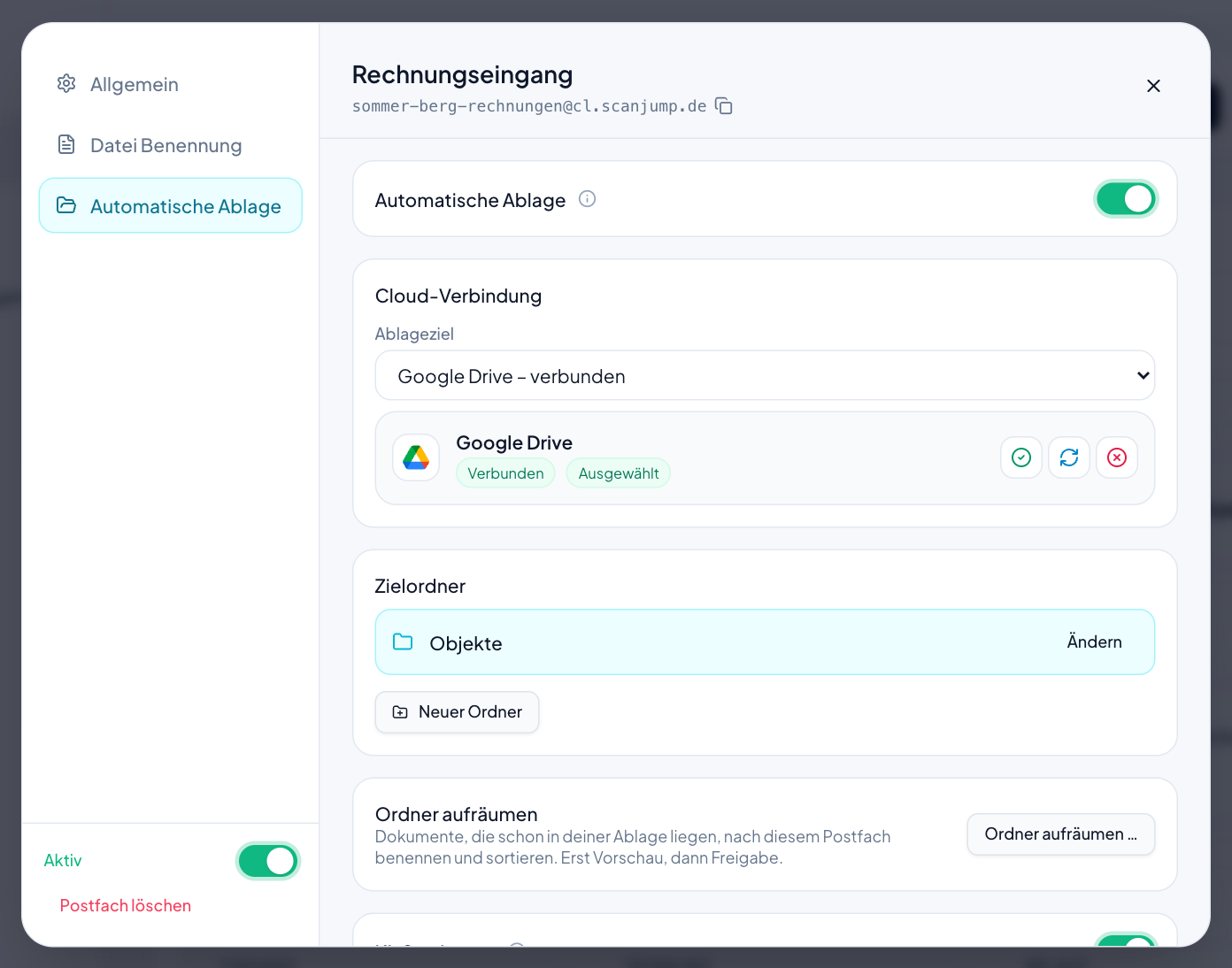 „Ordner aufräumen …“ steht unter „Automatische Ablage“, direkt unter dem Zielordner.