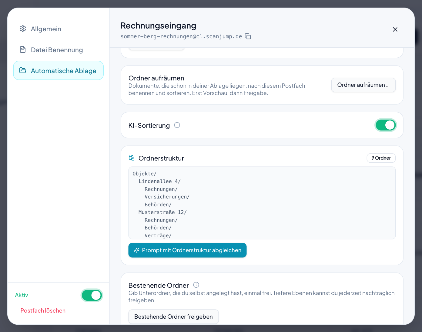 Unter „Automatische Ablage“: die geladene Ordnerstruktur und darunter „Bestehende Ordner freigeben“.