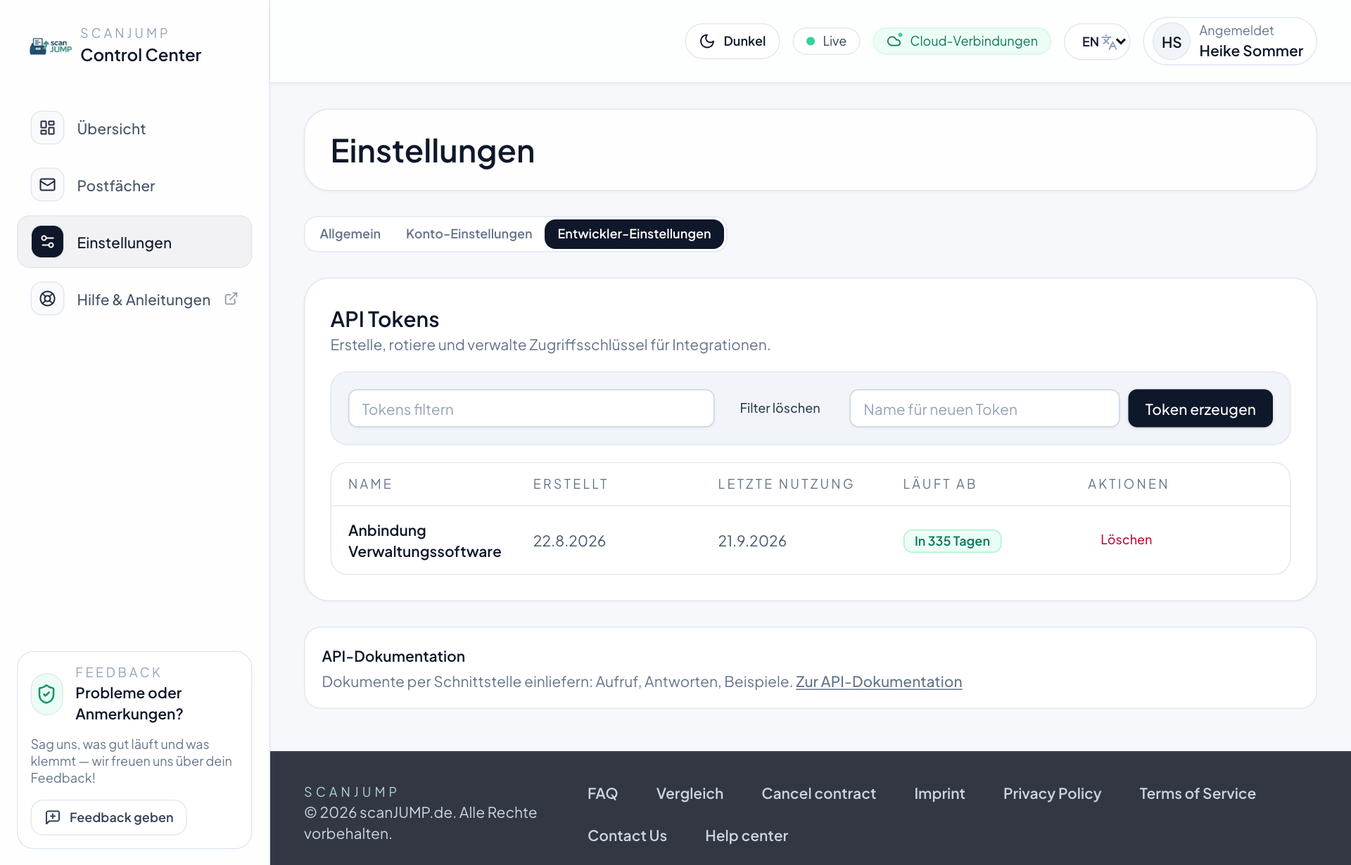 Einstellungen, Entwickler-Einstellungen: API-Tokens anlegen, sehen, wann sie zuletzt genutzt wurden, und löschen.