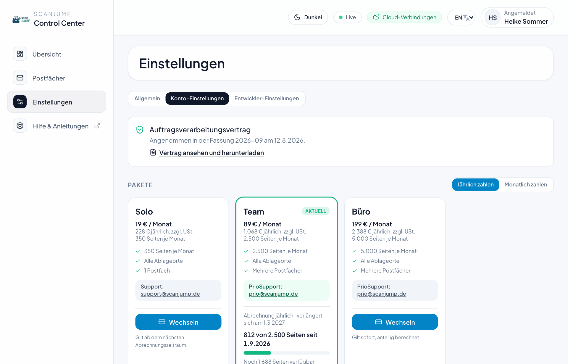 Einstellungen, Konto-Einstellungen: das aktuelle Paket, der Verbrauch und der Wechsel in ein anderes Paket.