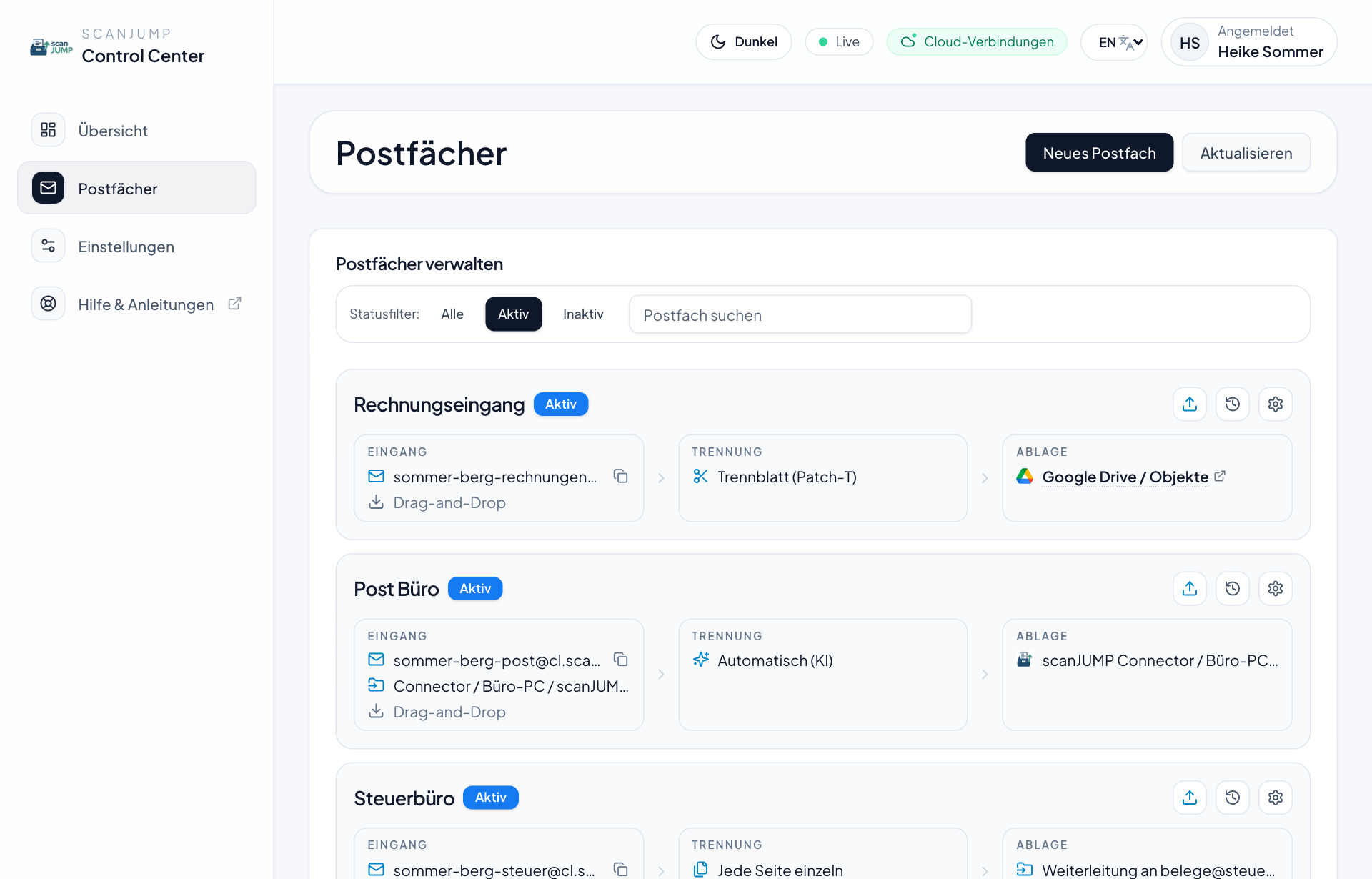 Drei Postfächer mit eigenen Wegen: Google Drive, scanJUMP Connector und Weiterleitung ans Steuerbüro.