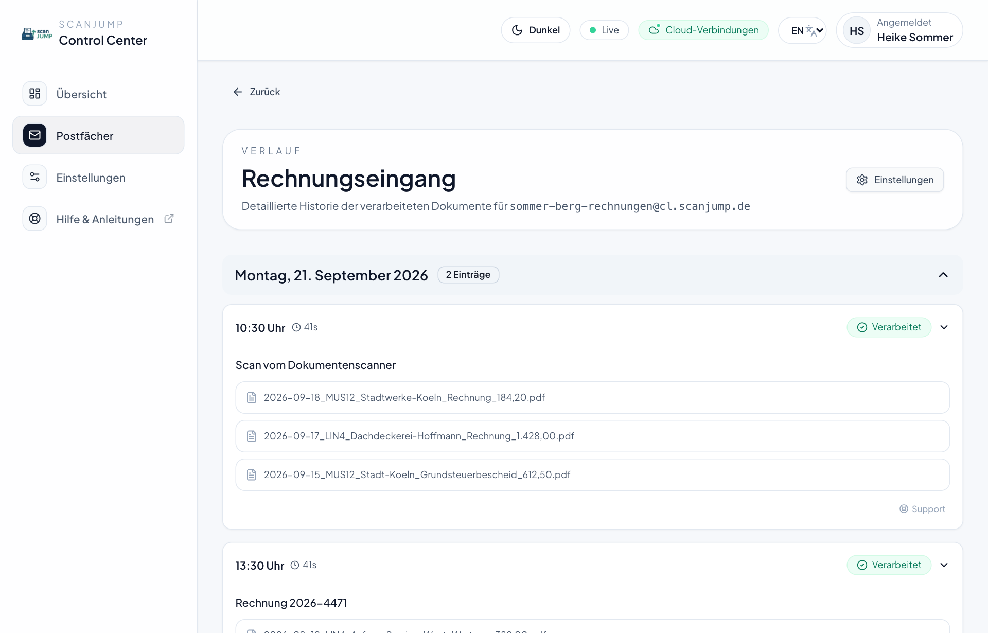 Der Verlauf eines Postfachs: jede Sendung mit Zeit, Status und den abgelegten Dateien.